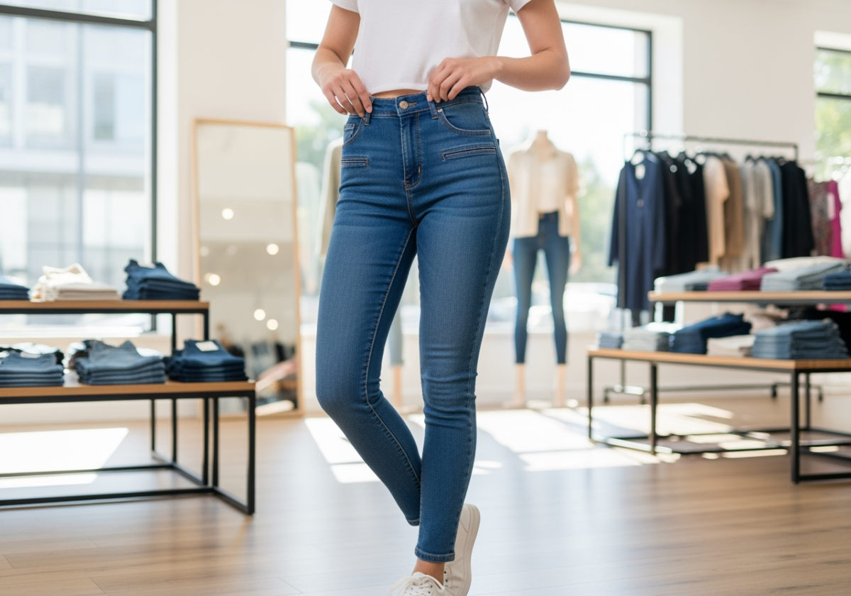 Tânără femeie într-un magazin modern încearcă blugi albaștri skinny cu talie înaltă, în lumină naturală.