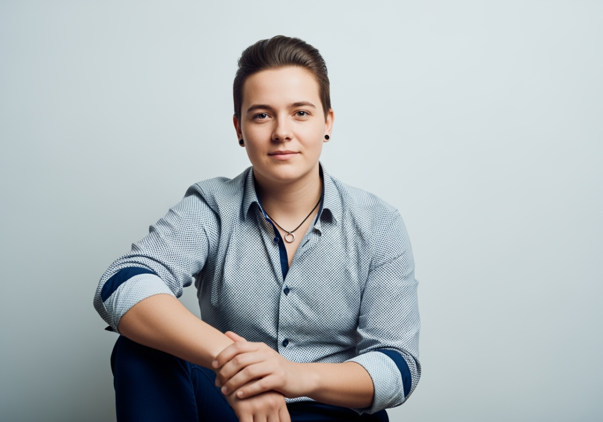 Persoană tânără în cămașă cu nasturi, pregătindu-se pentru fotografie de identitate, pe fundal simplu deschis.