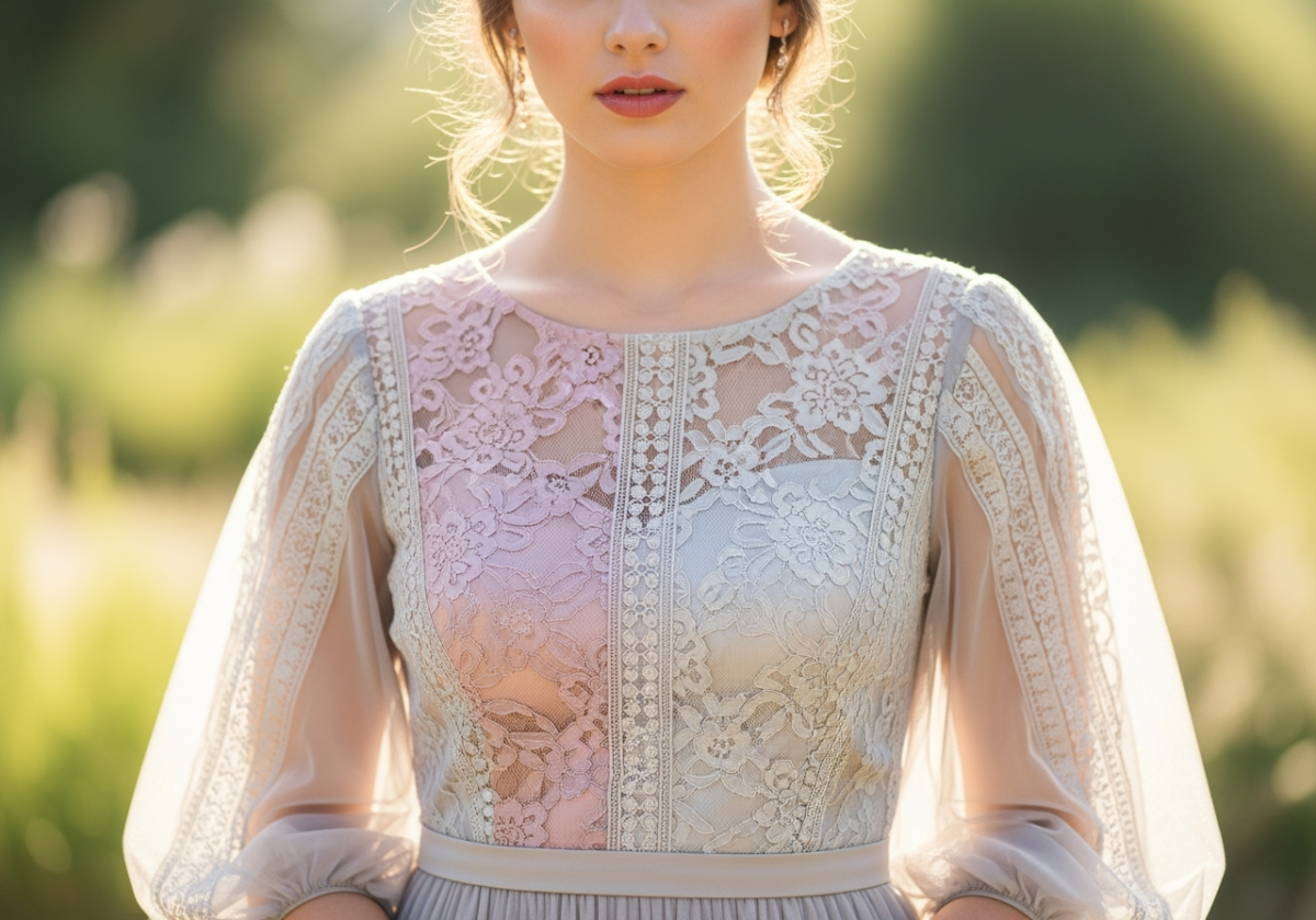 Tânără într-o rochie de cununie civilă pastelată, în lumină naturală, în aer liber, cu fundal verde difuz.