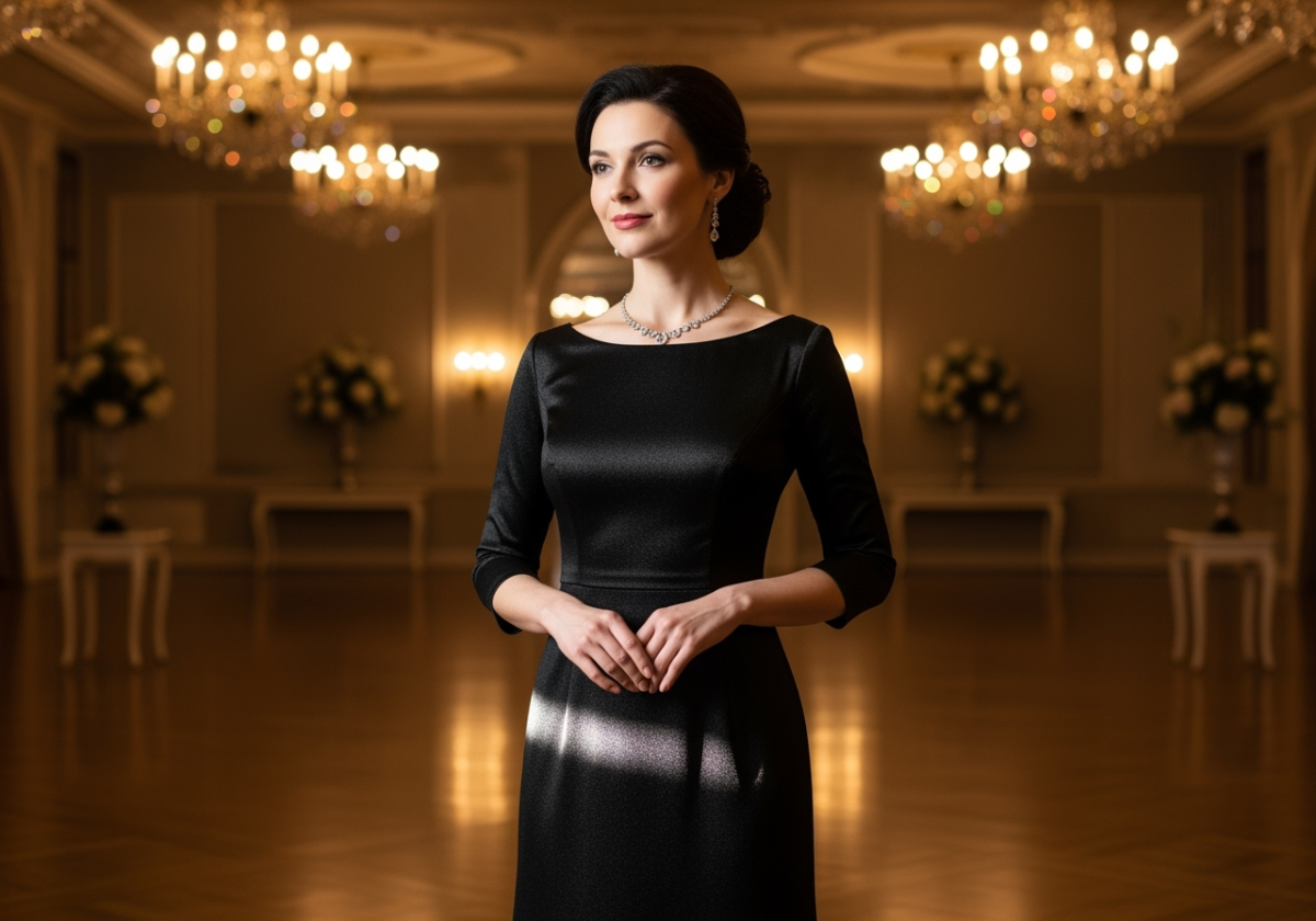 Femeie elegantă în rochie neagră într-un salon luxos cu candelabre și aranjamente florale.