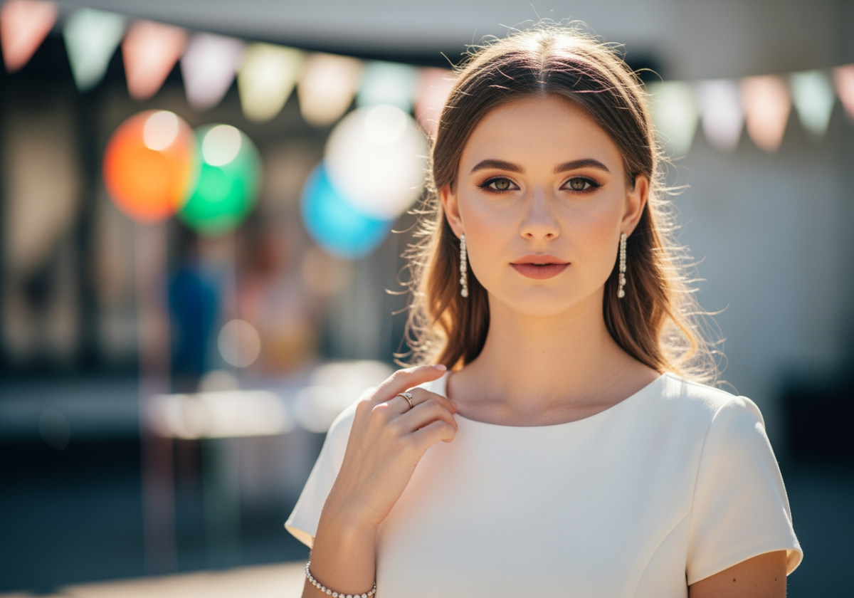 Fată tânără elegantă la petrecerea de 18 ani în rochie cocktail, în aer liber, cu lumină naturală și fundal festiv.