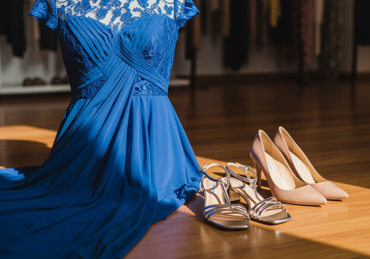 rochie albastru cobalt pe manechin lângă pantofi nude și sandale argintii pe podea de lemn în boutique