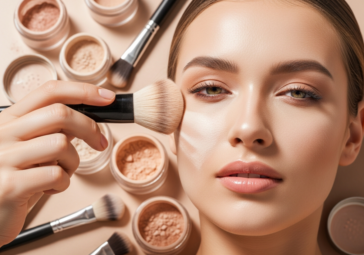 Mână aplicând pudră minerală transparentă pe față cu pensulă de machiaj, în lumină naturală blândă