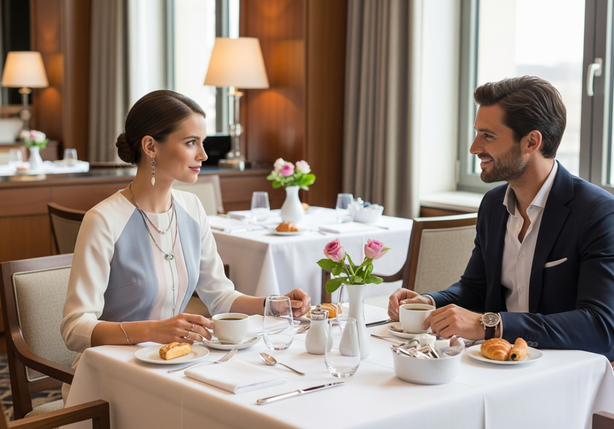 Bărbat și femeie elegantă iau micul dejun într-o sală de hotel modernă, cu lumină naturală și decorațiuni simple.