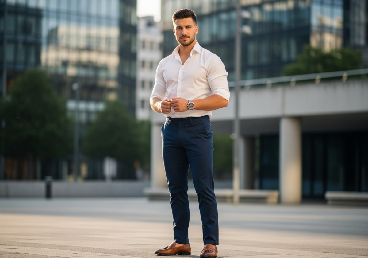 Bărbat în ținută smart casual, cămașă albă, pantaloni bleumarin, pantofi maro, ceas minimalist, fundal urban blurat
