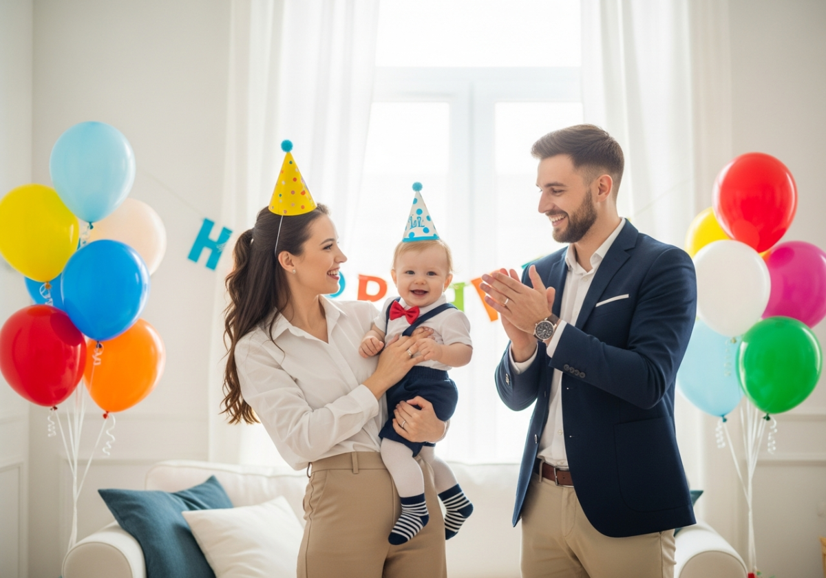 Familie fericită sărbătorind prima aniversare a copilului într-o cameră luminoasă și primitoare