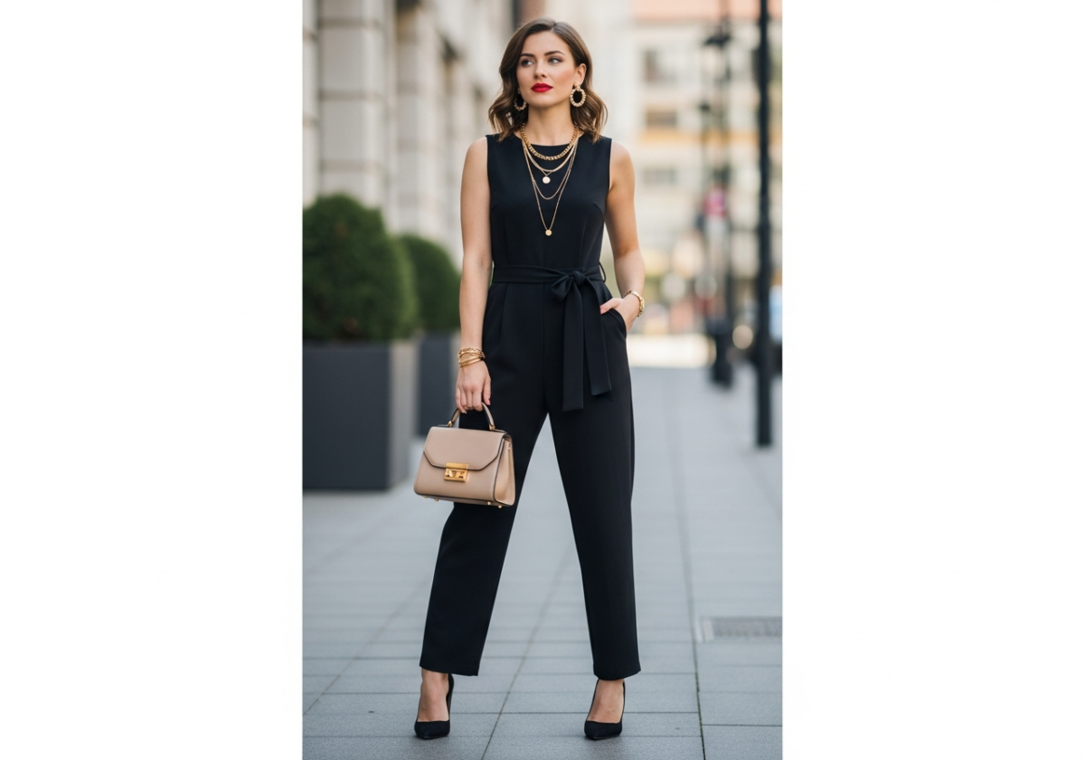 Femeie elegantă în salopetă neagră, accesorii aurii și geantă bej, în cadru urban blurat.