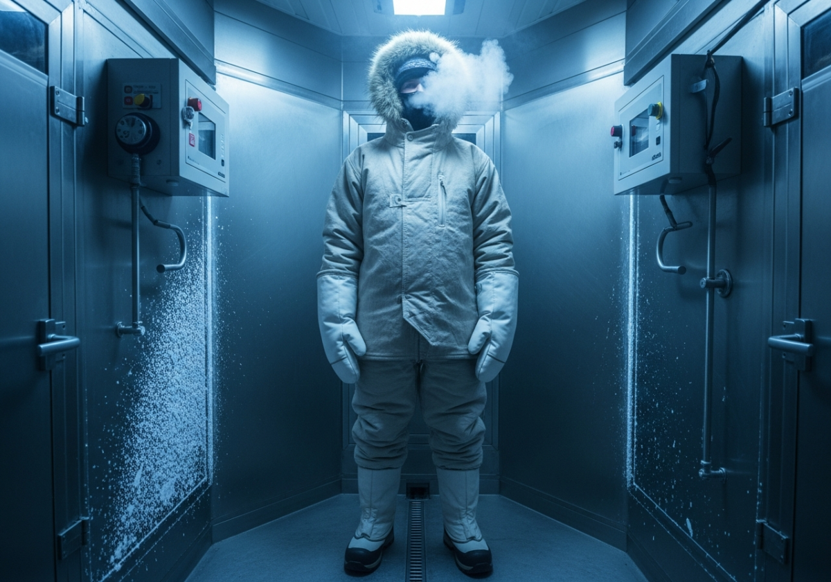 Persoană în costum termic complet într-o cameră criogenică cu abur vizibil și iluminare albastră.