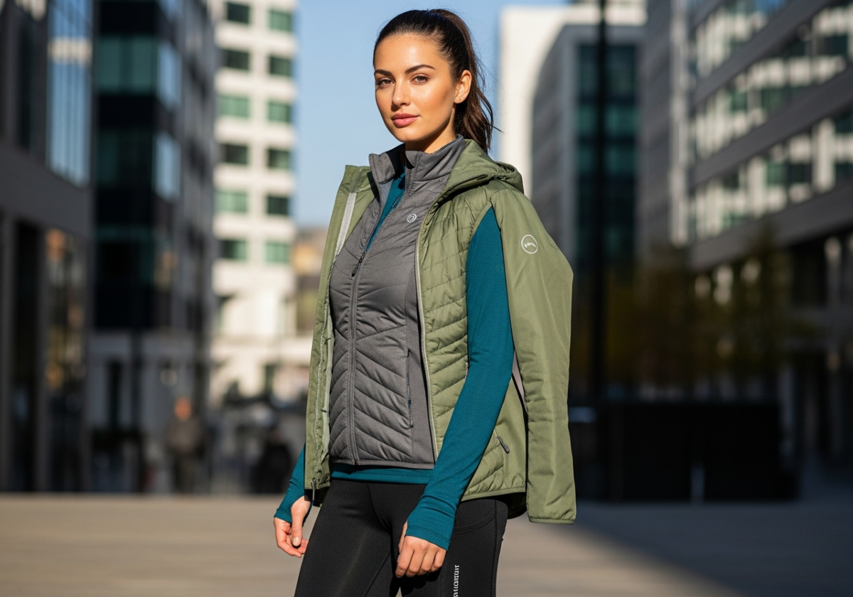 Tânără în haine termoactive, în stradă urbană, iluminare naturală, textură și respirabilitate a țesăturii.