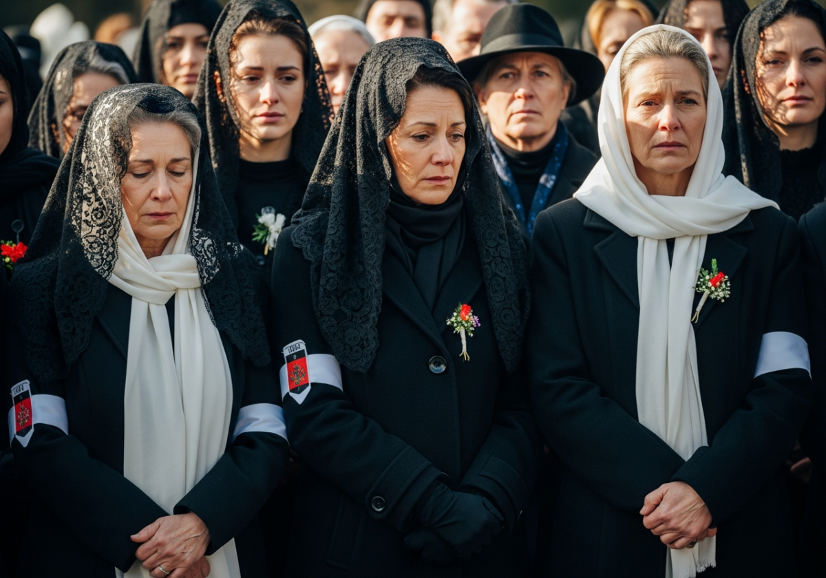 Grup divers de oameni în haine tradiționale de doliu, fețe expresive, accesori simbolici, lumină naturală în aer liber.