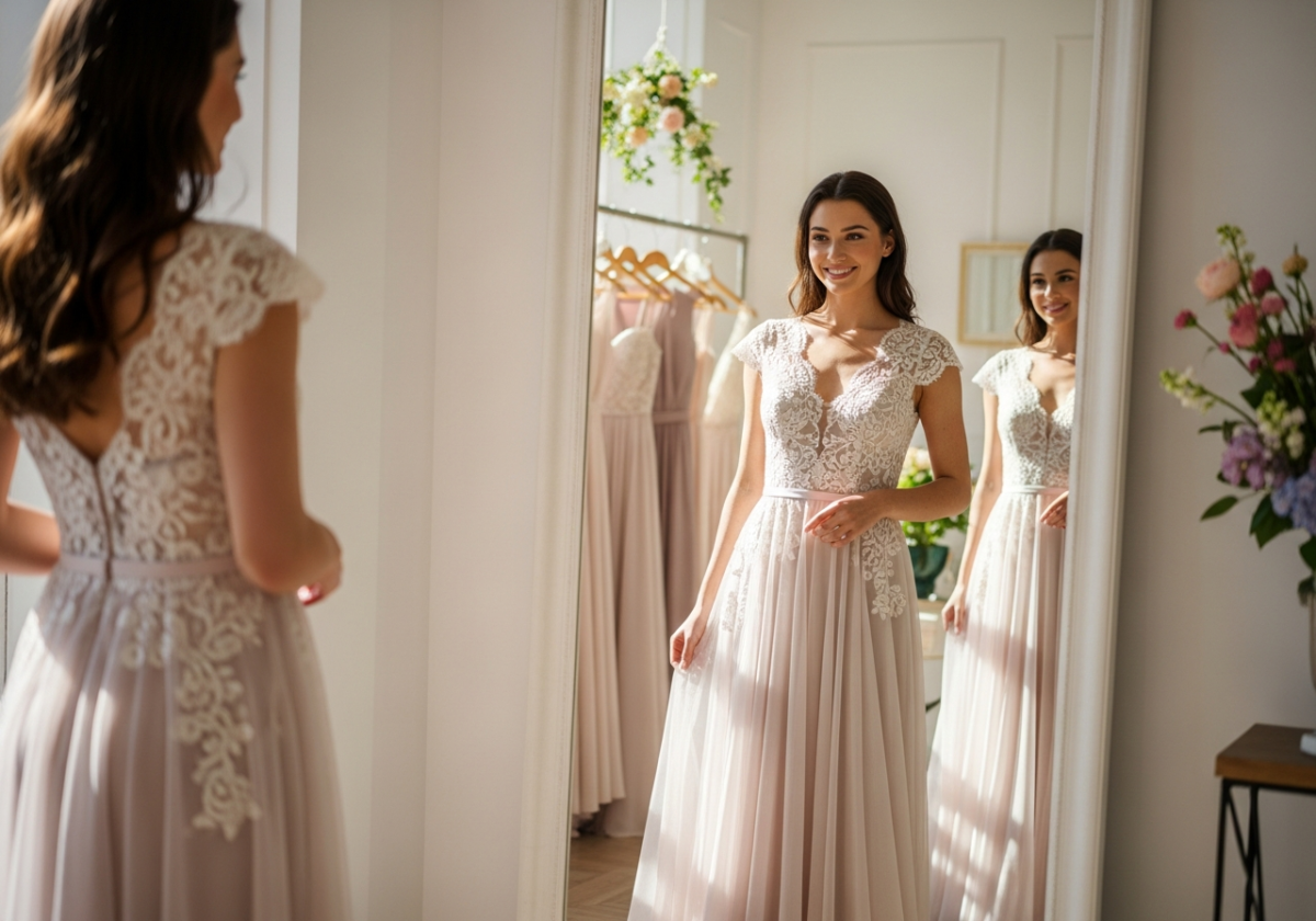 Femeie tânără încearcă o rochie de domnișoară de onoare pastel într-o boutique luminată natural.