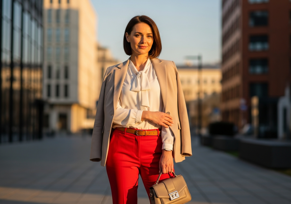 Femeie elegantă în pantaloni roșii și sacou bej, pe stradă urbană în lumină naturală de apus.