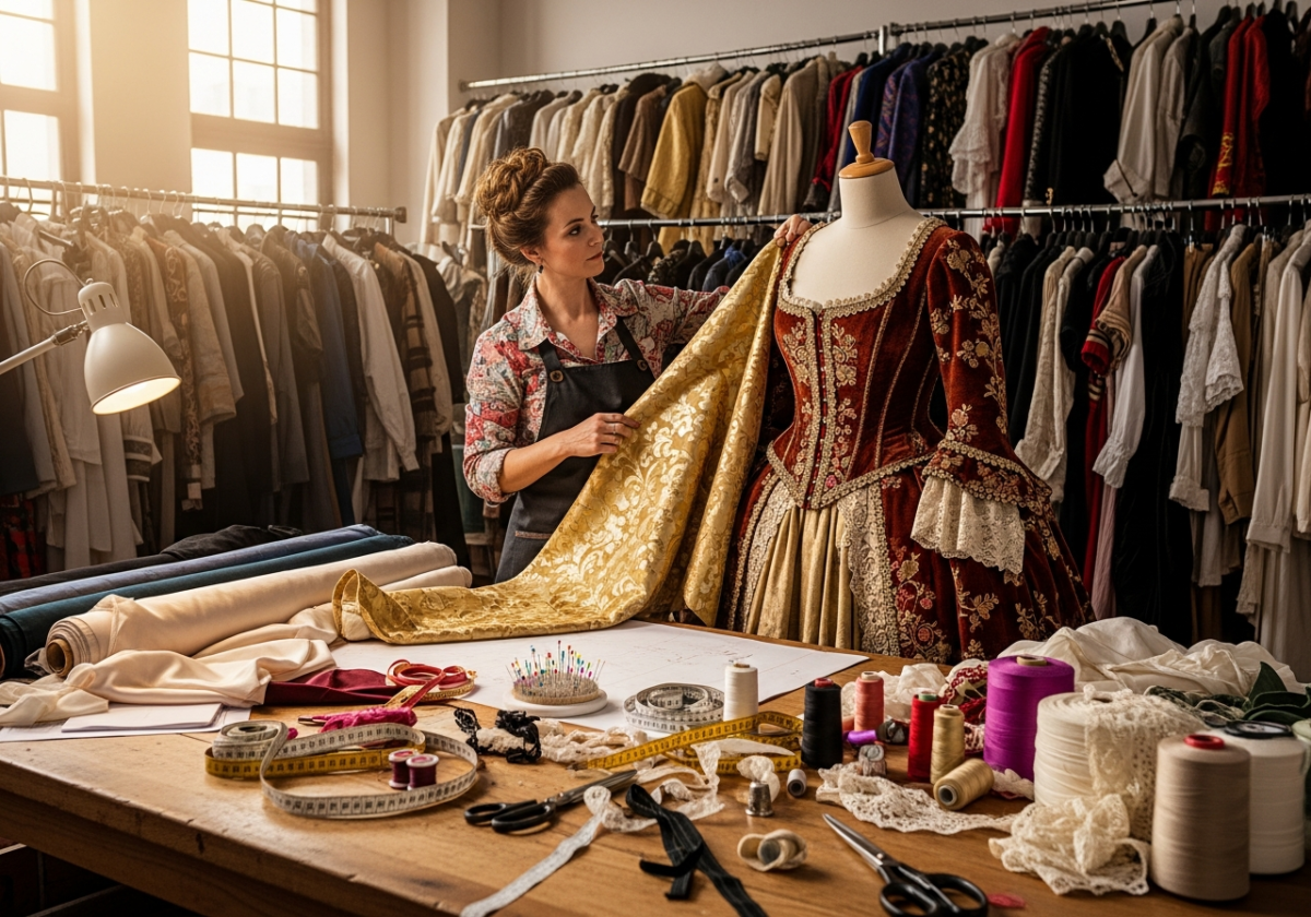 Designer de costume de teatru într-un atelier luminos cu costume și materiale colorate pe masă.