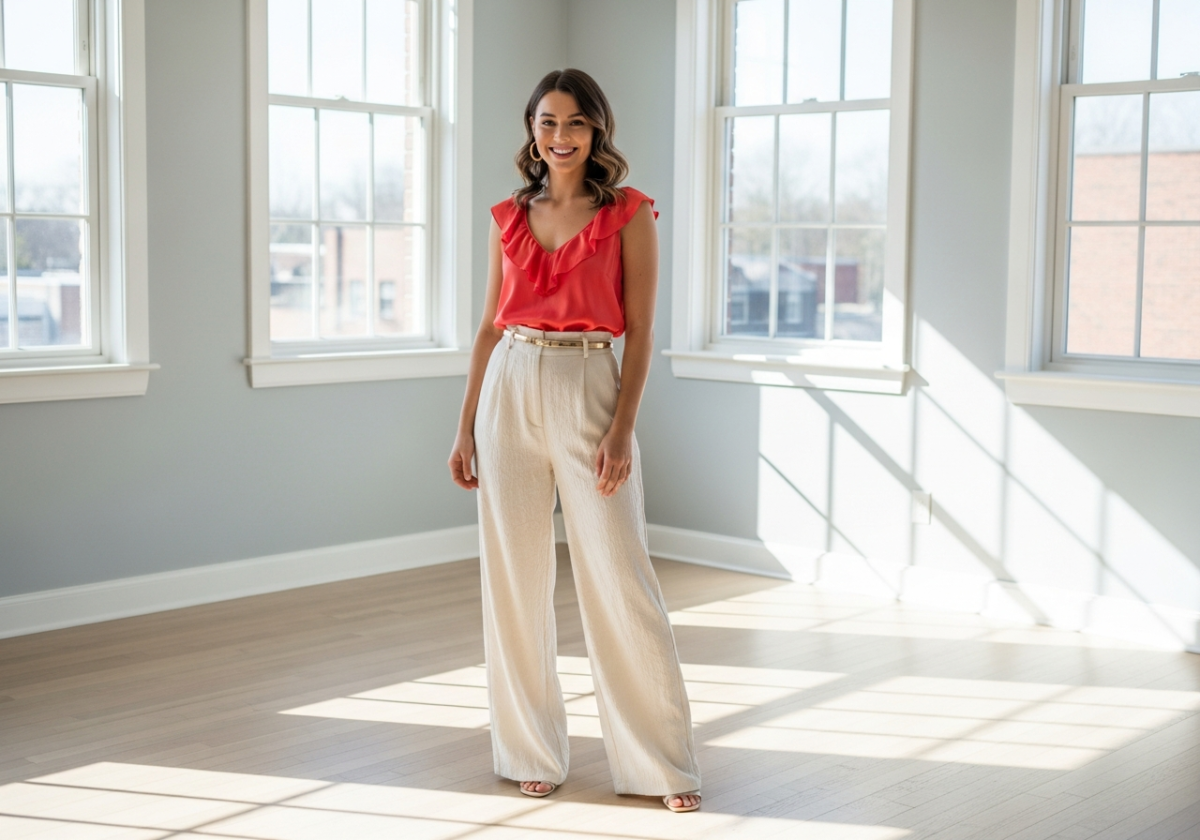 Tânără zâmbitoare într-o cameră modernă, îmbrăcată pentru o petrecere aniversară, lumină naturală, stil casual.