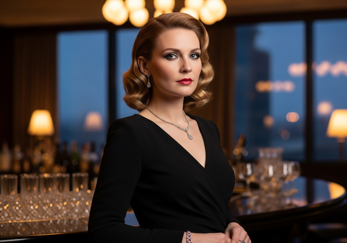 Femeie elegantă în rochie neagră, machiaj smokey, stând într-un bar luxos cu vedere spre oraș.