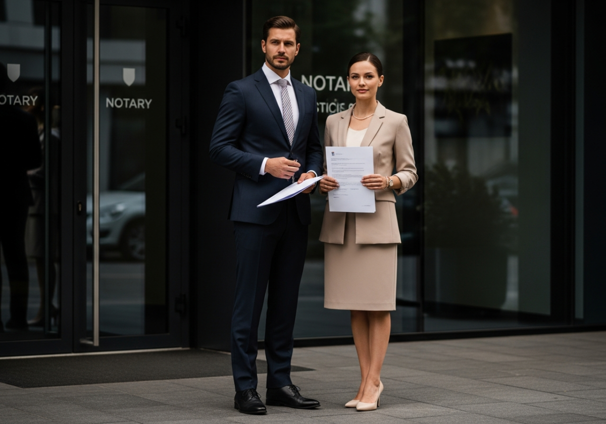 Bărbat și femeie profesioniști în fața unui birou notarial modern, ținând documente oficiale.