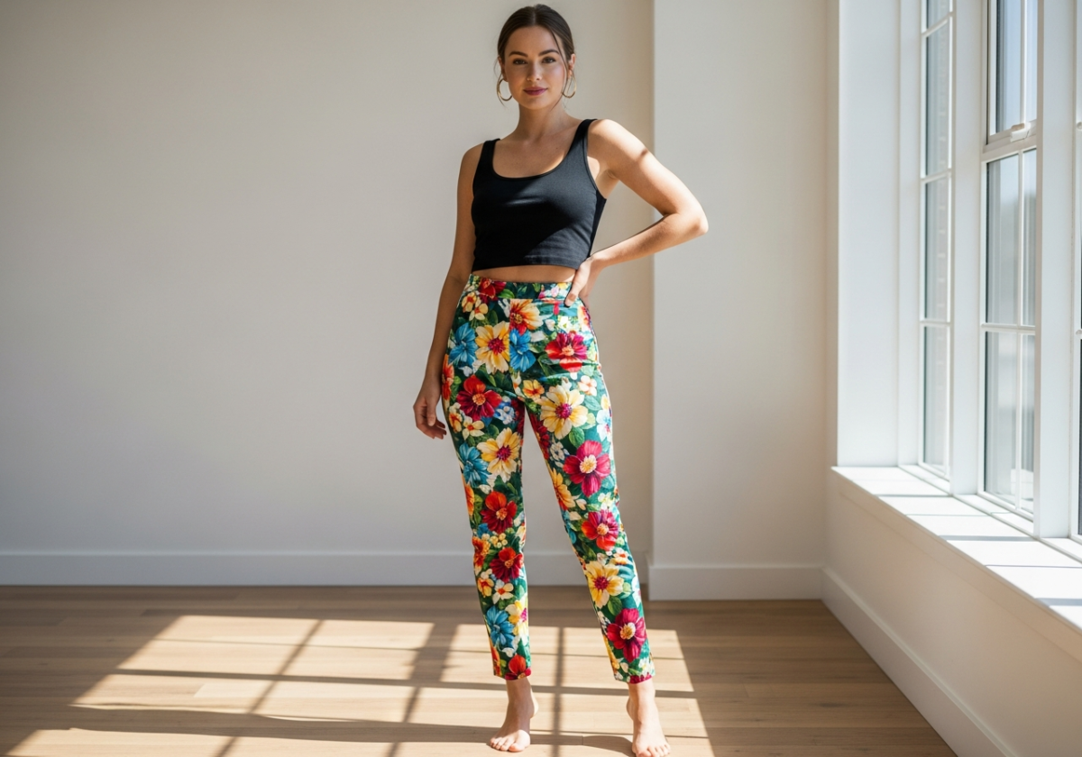 Femeie relaxată în pantaloni cu flori, în cameră luminoasă, fundal simplu, lumină naturală blândă.