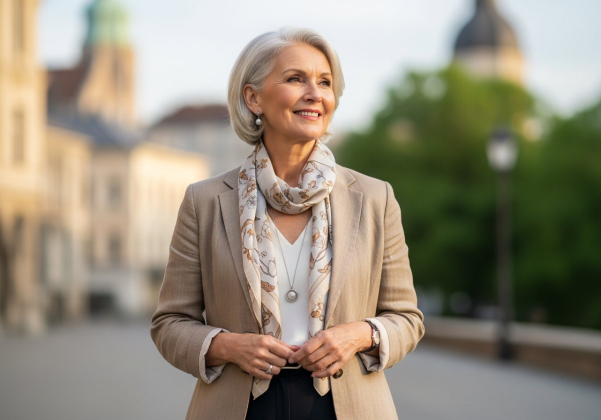 Portret fotografic al unei femei mature, elegante, în ținută confortabilă, zâmbind, în decor urban, lumină naturală.