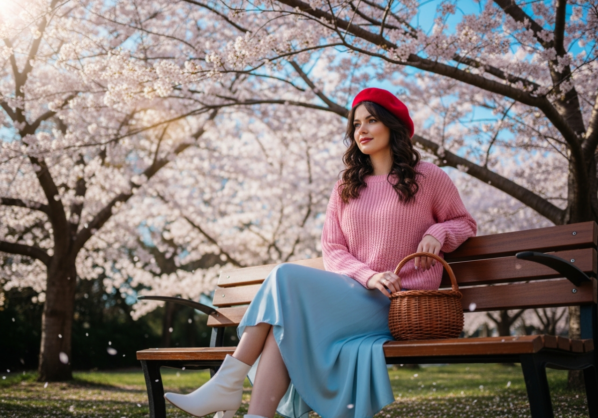 Femeie tânără în ținută de primăvară stând pe bancă în parc sub cireși înfloriți la soare.