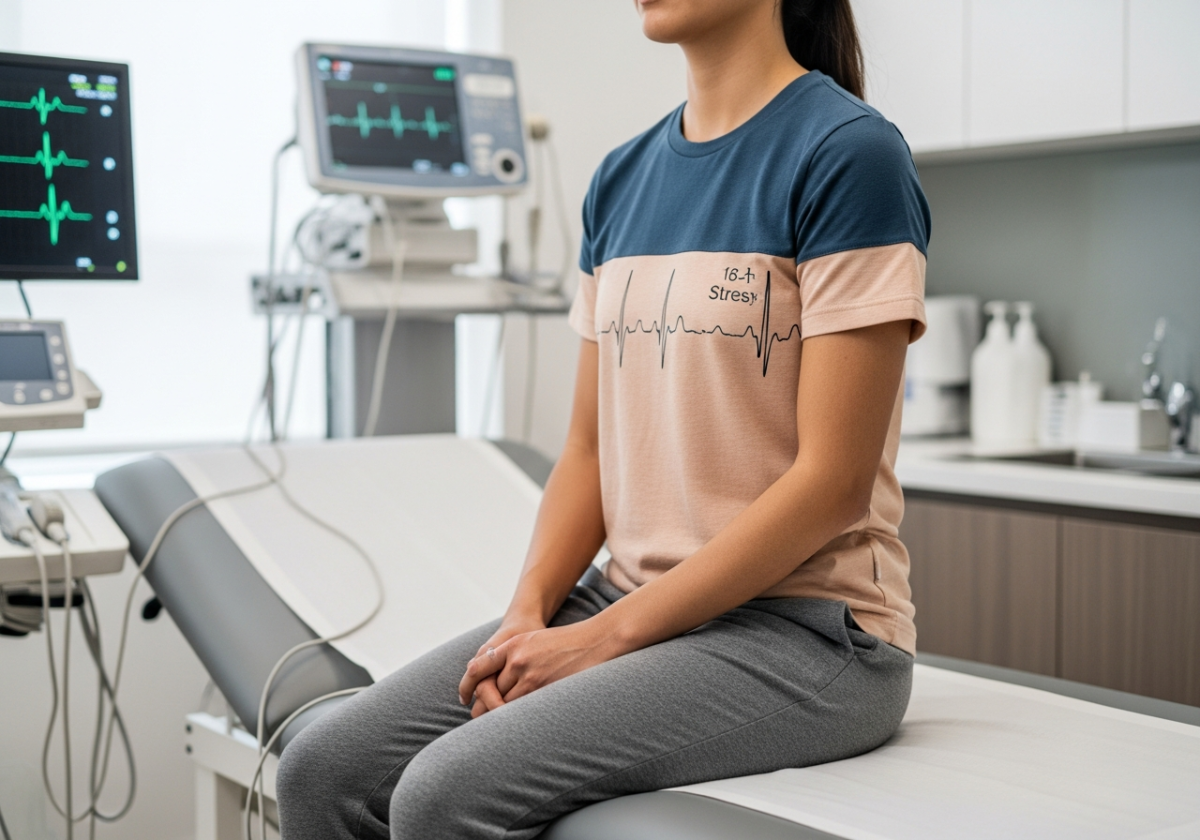 persoană pregătită pentru test ECG de stres într-o clinică modernă, cu echipamente medicale vizibile în fundal