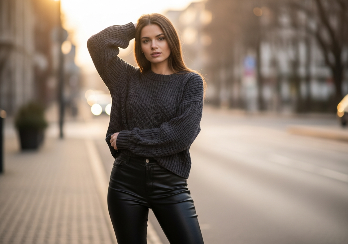 tânără purtând pulover tricotat și pantaloni din piele, pozând pe stradă urbană în lumină naturală caldă