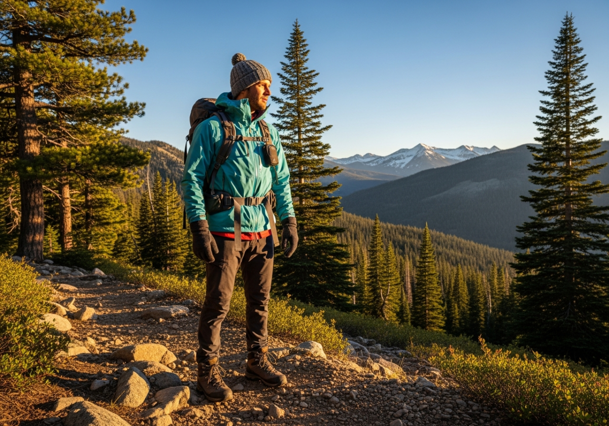 Persoană echipată pentru drumeție montană pe potecă pietroasă cu brazi și vârfuri muntoase în zori de zi