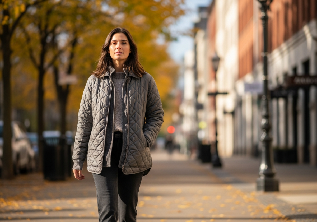 Femeie tânără în geacă matlasată, mergând pe stradă urbană toamnă, lumină naturală și frunziș în fundal