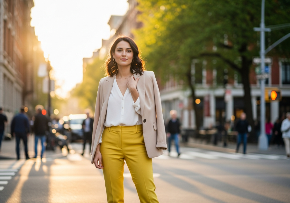 Tânără în pantaloni galbeni și sacou bej, zâmbind pe stradă urbană în lumină caldă la apus.