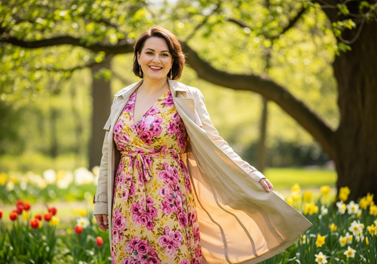 Femeie mărime mare zâmbitoare în rochie florală și trench în parc cu copaci verzi și flori în lumina naturală