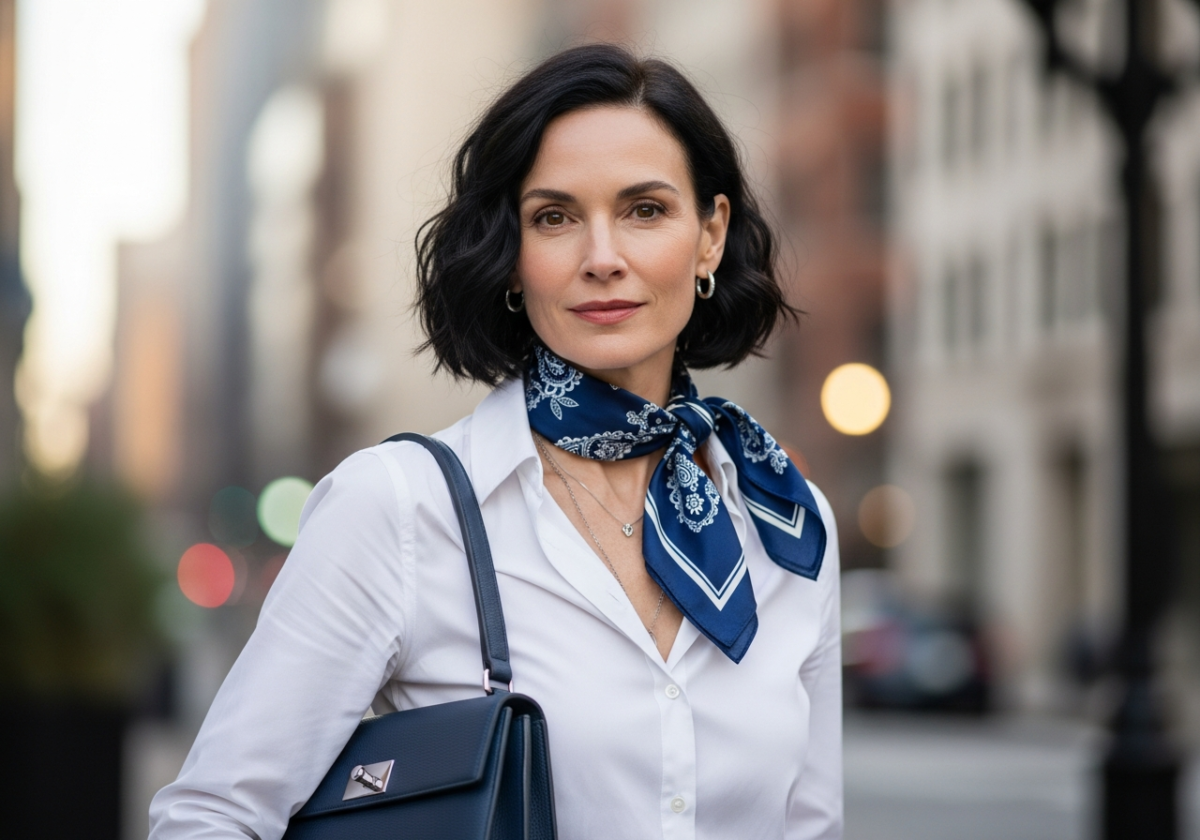 Femeie elegantă cu accesorii albastre, eșarfă de mătase, geantă și bijuterii argintii, fundal urban blurat.