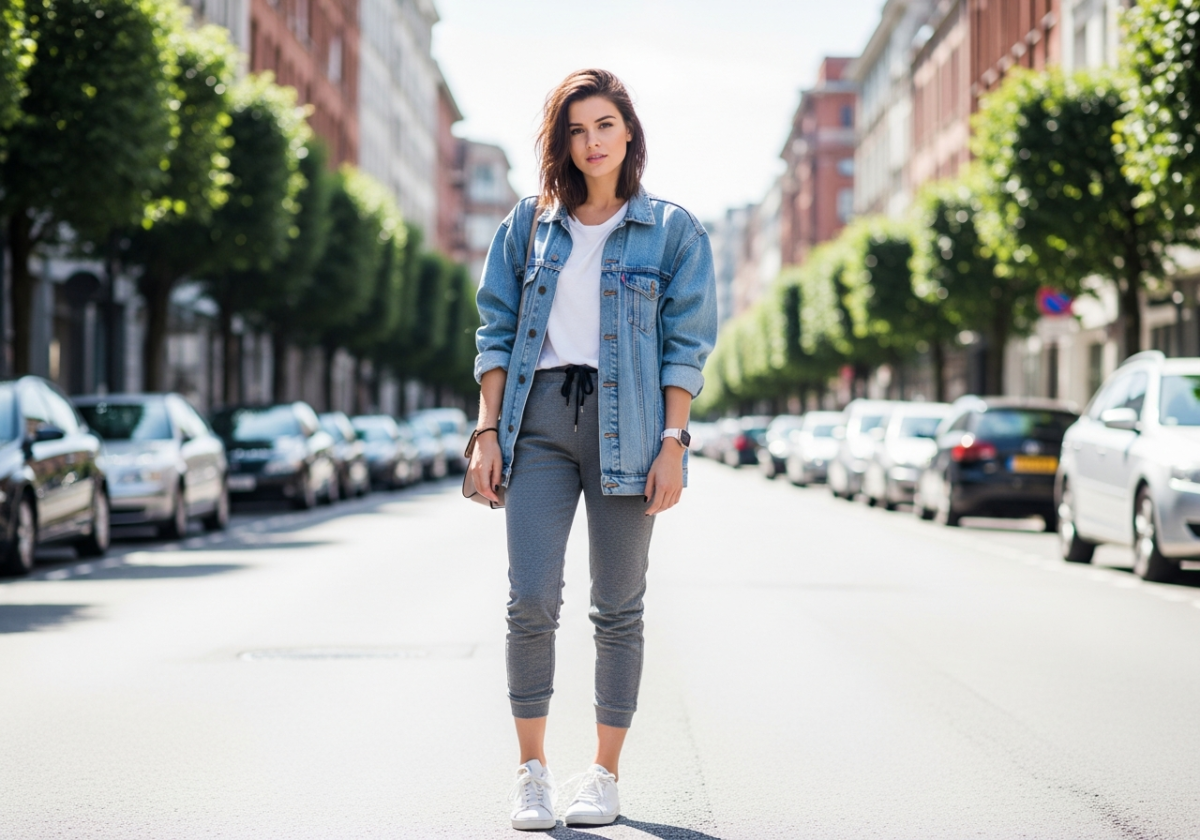 tânără în haine casual și sport, purtând pantaloni gri, adidași albi și geacă denim, în stradă urbană